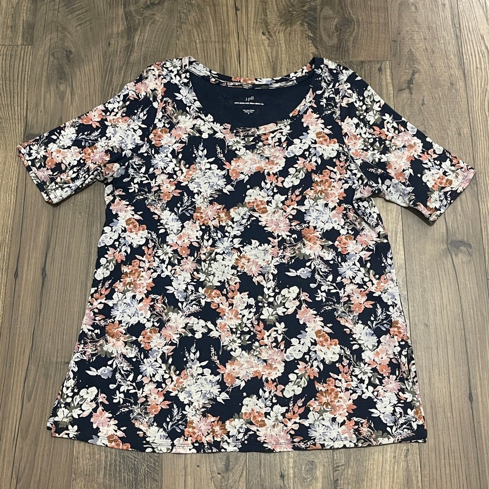 J. Jill Pima Cotton Scoop Neck Elbow Sleeve Floral Tee Navy Blue Womens Medium